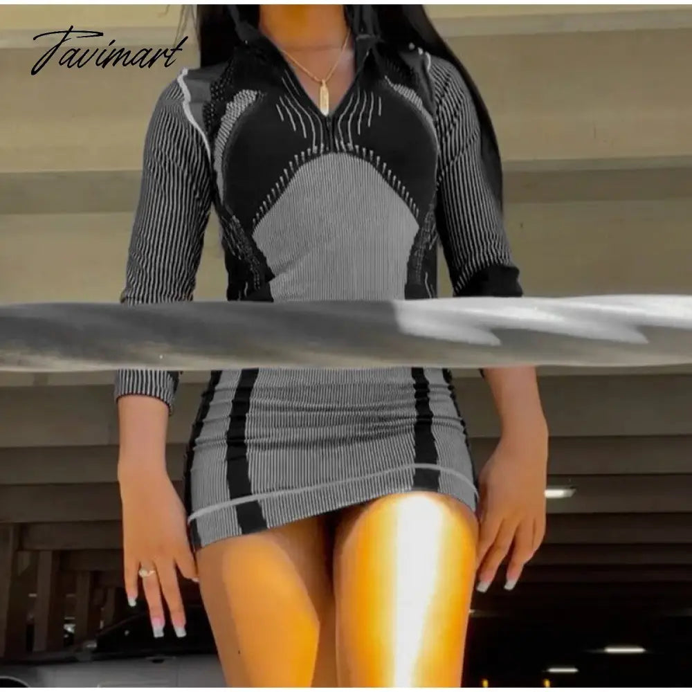 Sporty Stripe Long Sleeve Mini Dress Women Zipper Pullover Bodycon Dresses Female Fashion Casual Basic Slim Dresses