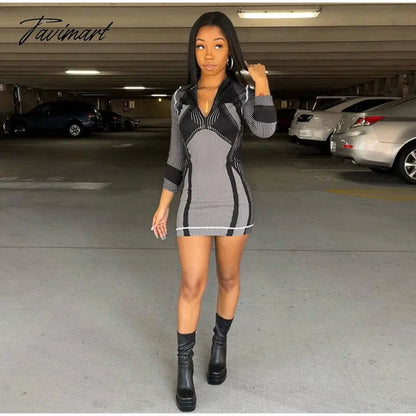 Sporty Stripe Long Sleeve Mini Dress Women Zipper Pullover Bodycon Dresses Female Fashion Casual Basic Slim Dresses