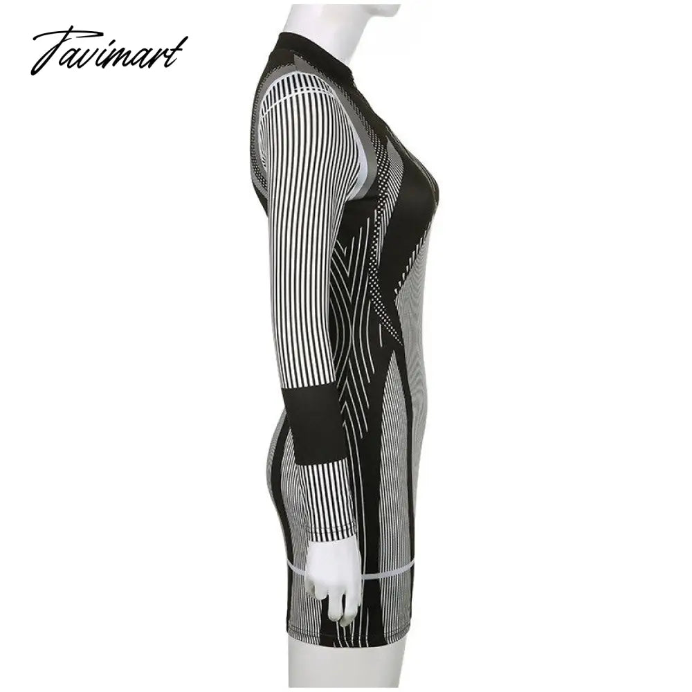 Sporty Stripe Long Sleeve Mini Dress Women Zipper Pullover Bodycon Dresses Female Fashion Casual Basic Slim Dresses