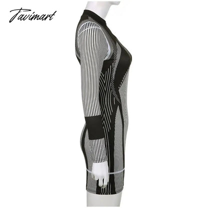 Sporty Stripe Long Sleeve Mini Dress Women Zipper Pullover Bodycon Dresses Female Fashion Casual Basic Slim Dresses