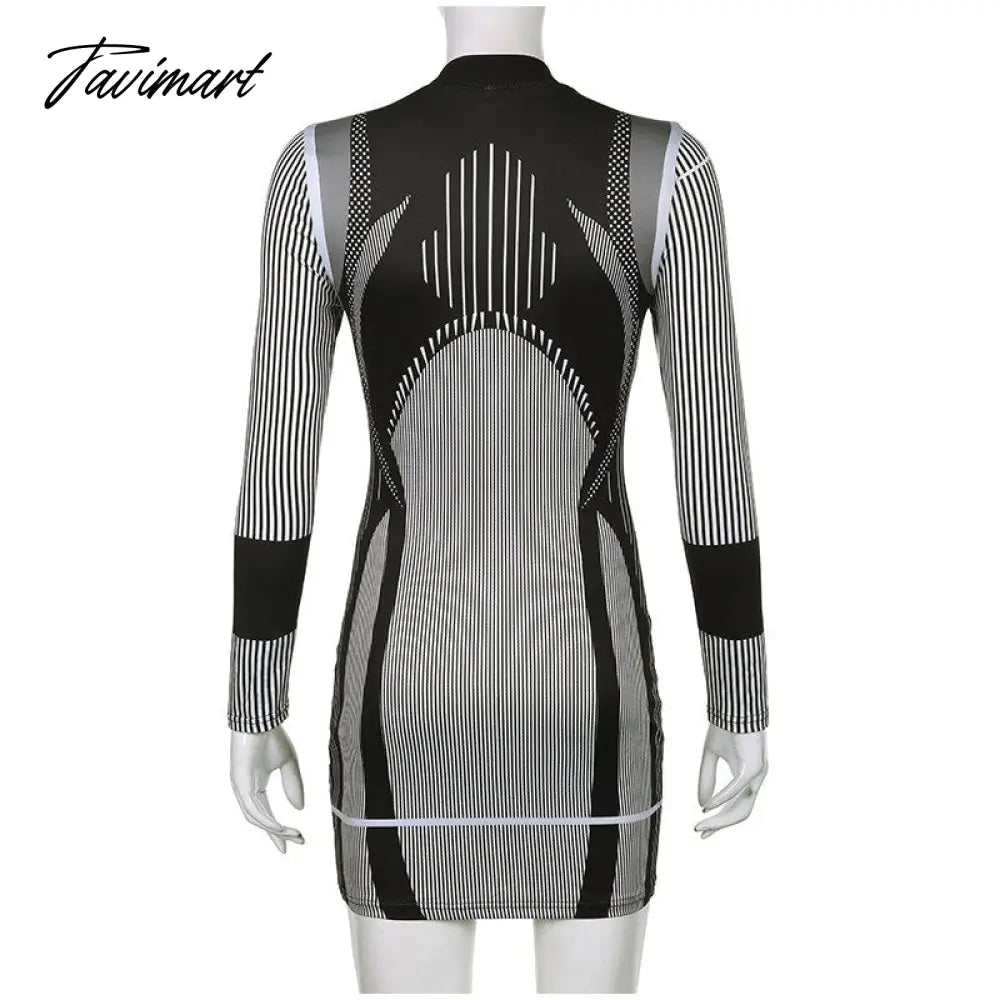 Sporty Stripe Long Sleeve Mini Dress Women Zipper Pullover Bodycon Dresses Female Fashion Casual Basic Slim Dresses