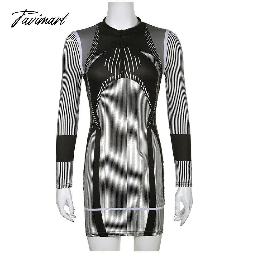 Sporty Stripe Long Sleeve Mini Dress Women Zipper Pullover Bodycon Dresses Female Fashion Casual Basic Slim Dresses