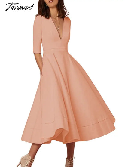 Spring and Summer New Ladies High-end Sexy Deep V Mid-sleeve Dress Retro Temperament Mid-length Solid Color Dress Female