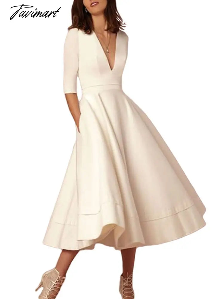 Spring and Summer New Ladies High-end Sexy Deep V Mid-sleeve Dress Retro Temperament Mid-length Solid Color Dress Female