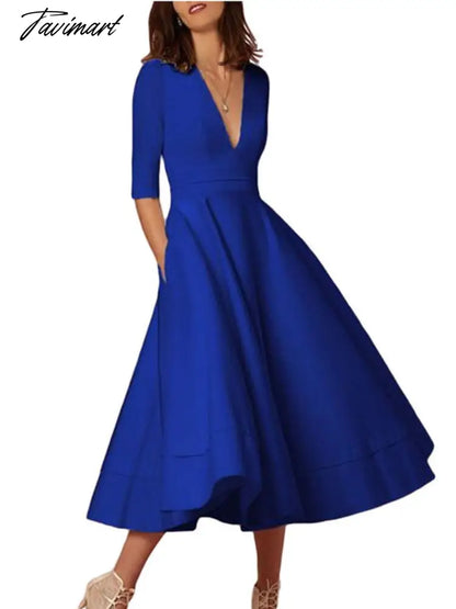 Spring and Summer New Ladies High-end Sexy Deep V Mid-sleeve Dress Retro Temperament Mid-length Solid Color Dress Female