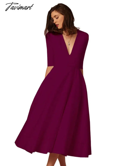 Spring and Summer New Ladies High-end Sexy Deep V Mid-sleeve Dress Retro Temperament Mid-length Solid Color Dress Female