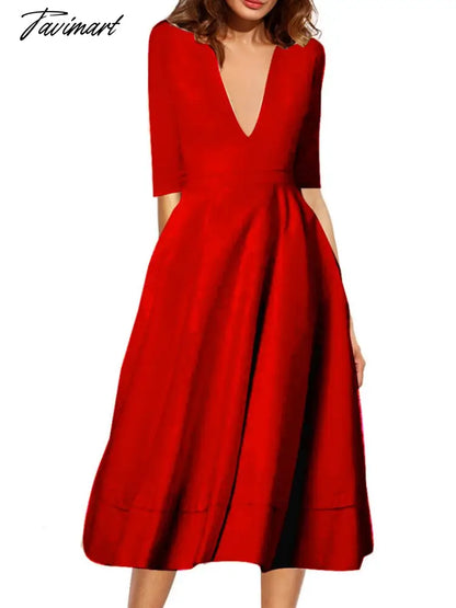 Spring and Summer New Ladies High-end Sexy Deep V Mid-sleeve Dress Retro Temperament Mid-length Solid Color Dress Female