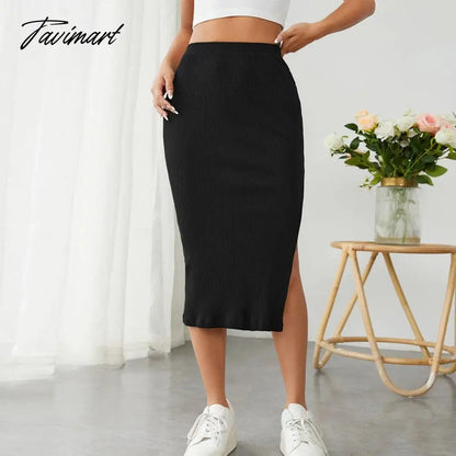 Spring And Summer Sexy Fashion Women'S High Slit Bodycon Midi Slim Fit Skirt Elegant Black Split Ribbed Knit Pencil Skirts