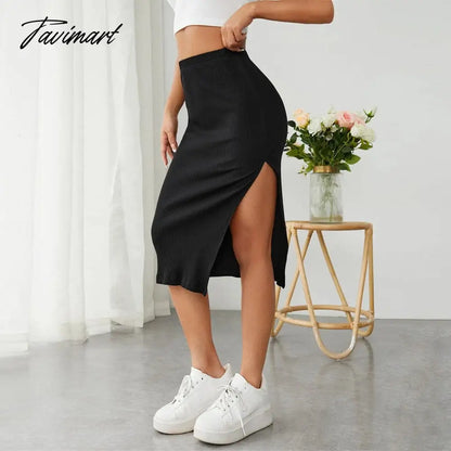 Spring And Summer Sexy Fashion Women'S High Slit Bodycon Midi Slim Fit Skirt Elegant Black Split Ribbed Knit Pencil Skirts