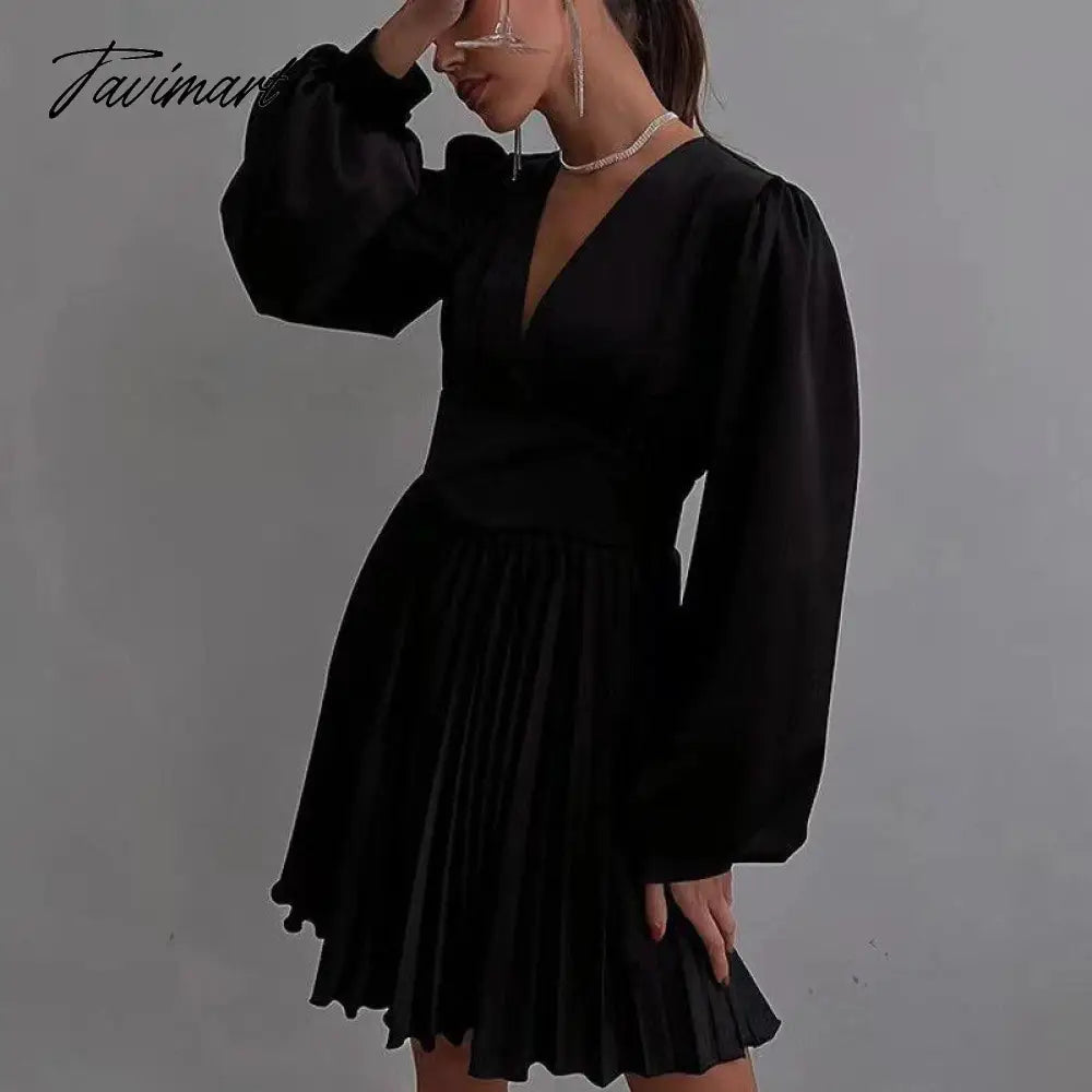 Spring Autumn Women Solid Color Mini Dress Fashion Long Sleeve V-Neck Waist Dress Ladies Casual Slim Office Pleated Dresses