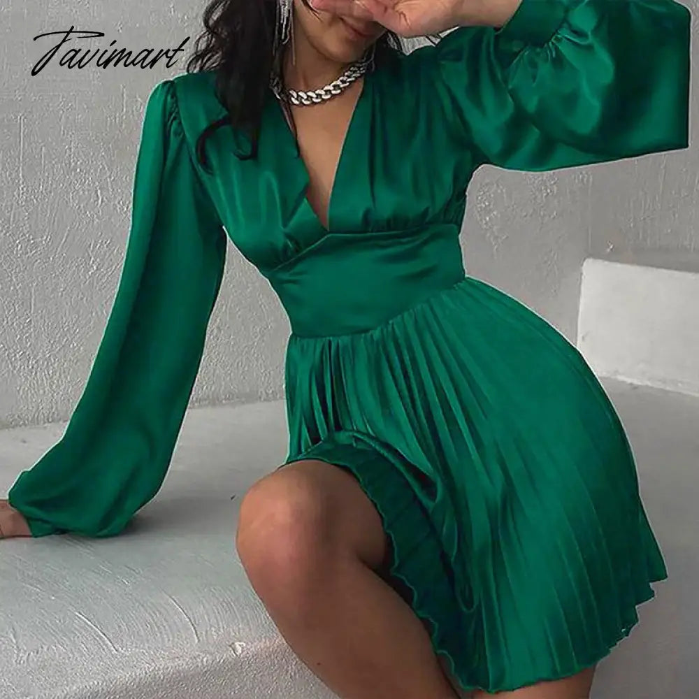 Spring Autumn Women Solid Color Mini Dress Fashion Long Sleeve V-Neck Waist Dress Ladies Casual Slim Office Pleated Dresses