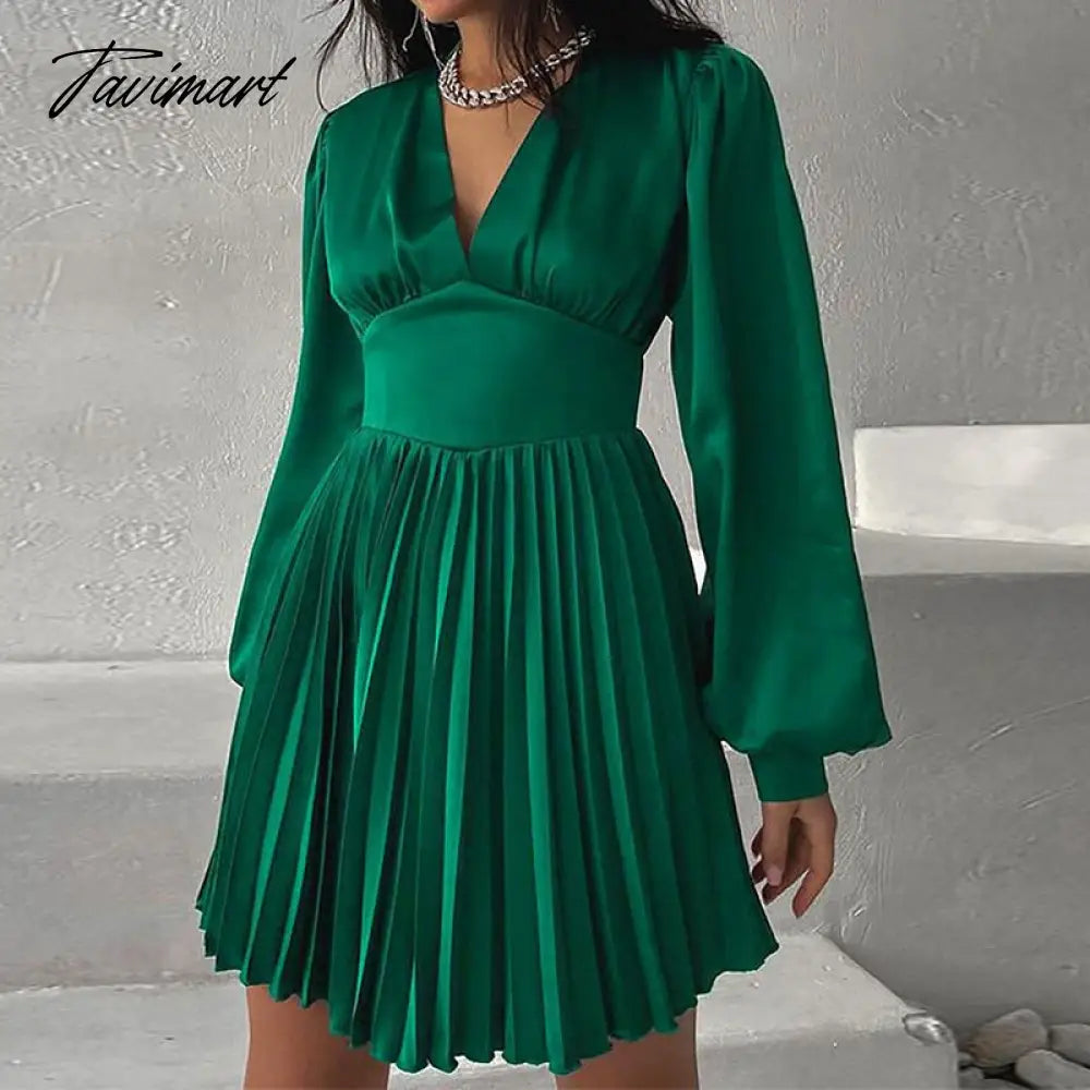 Spring Autumn Women Solid Color Mini Dress Fashion Long Sleeve V-Neck Waist Dress Ladies Casual Slim Office Pleated Dresses