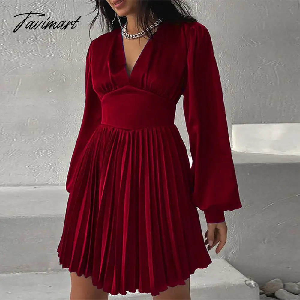 Spring Autumn Women Solid Color Mini Dress Fashion Long Sleeve V-Neck Waist Dress Ladies Casual Slim Office Pleated Dresses
