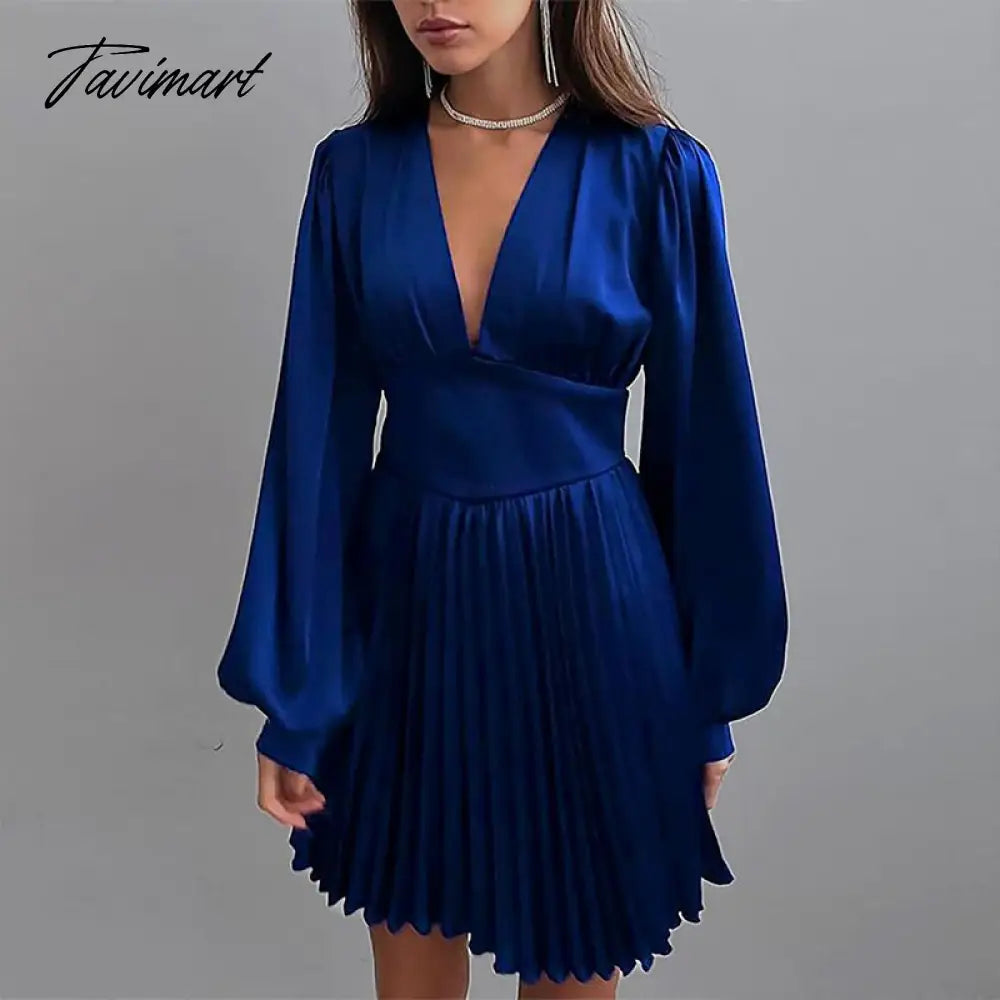 Spring Autumn Women Solid Color Mini Dress Fashion Long Sleeve V-Neck Waist Dress Ladies Casual Slim Office Pleated Dresses