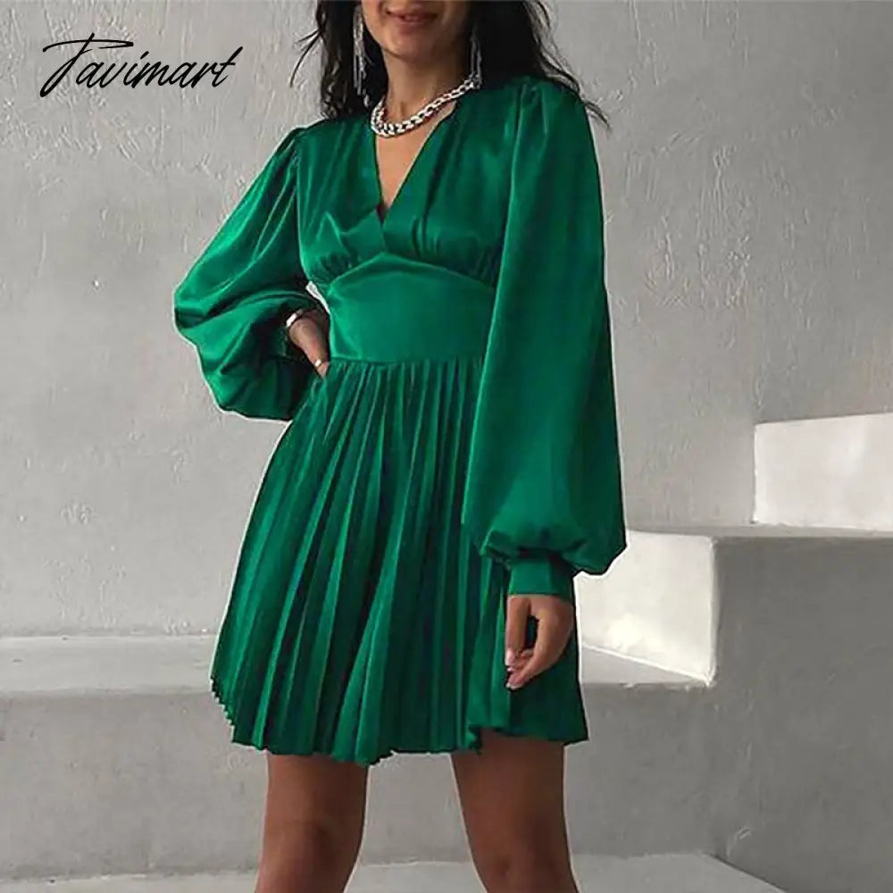 Spring Autumn Women Solid Color Mini Dress Fashion Long Sleeve V-Neck Waist Dress Ladies Casual Slim Office Pleated Dresses
