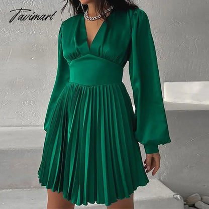 Spring Autumn Women Solid Color Mini Dress Fashion Long Sleeve V-Neck Waist Dress Ladies Casual Slim Office Pleated Dresses
