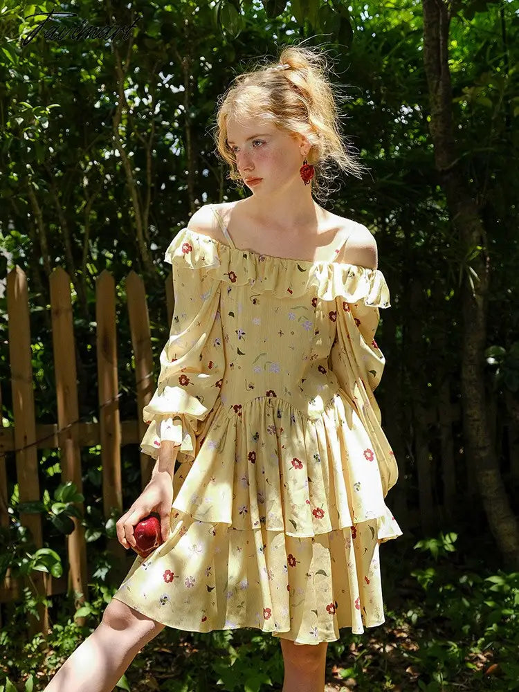 Spring Dress Women Elegant Slim Sexy Slash Neck Long Sleeve Floral Dress Korean Fashion Yellow Suspended Cake Dress