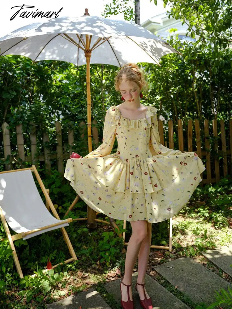 Spring Dress Women Elegant Slim Sexy Slash Neck Long Sleeve Floral Dress Korean Fashion Yellow Suspended Cake Dress