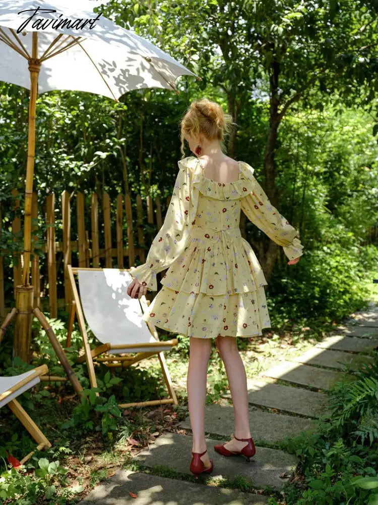 Spring Dress Women Elegant Slim Sexy Slash Neck Long Sleeve Floral Dress Korean Fashion Yellow Suspended Cake Dress