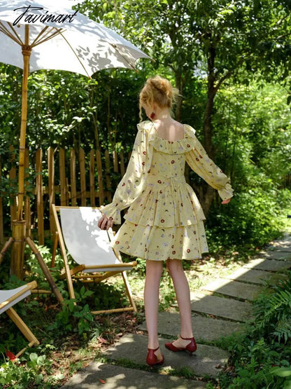 Spring Dress Women Elegant Slim Sexy Slash Neck Long Sleeve Floral Dress Korean Fashion Yellow Suspended Cake Dress