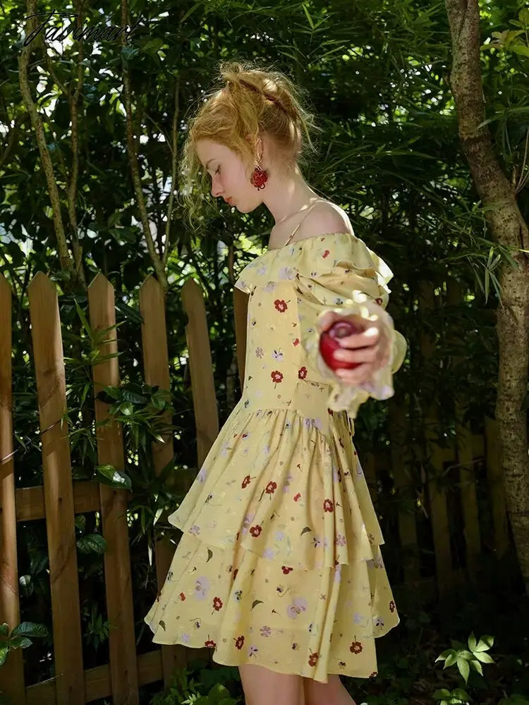 Spring Dress Women Elegant Slim Sexy Slash Neck Long Sleeve Floral Dress Korean Fashion Yellow Suspended Cake Dress