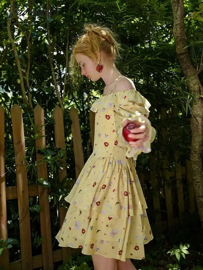 Spring Dress Women Elegant Slim Sexy Slash Neck Long Sleeve Floral Dress Korean Fashion Yellow Suspended Cake Dress