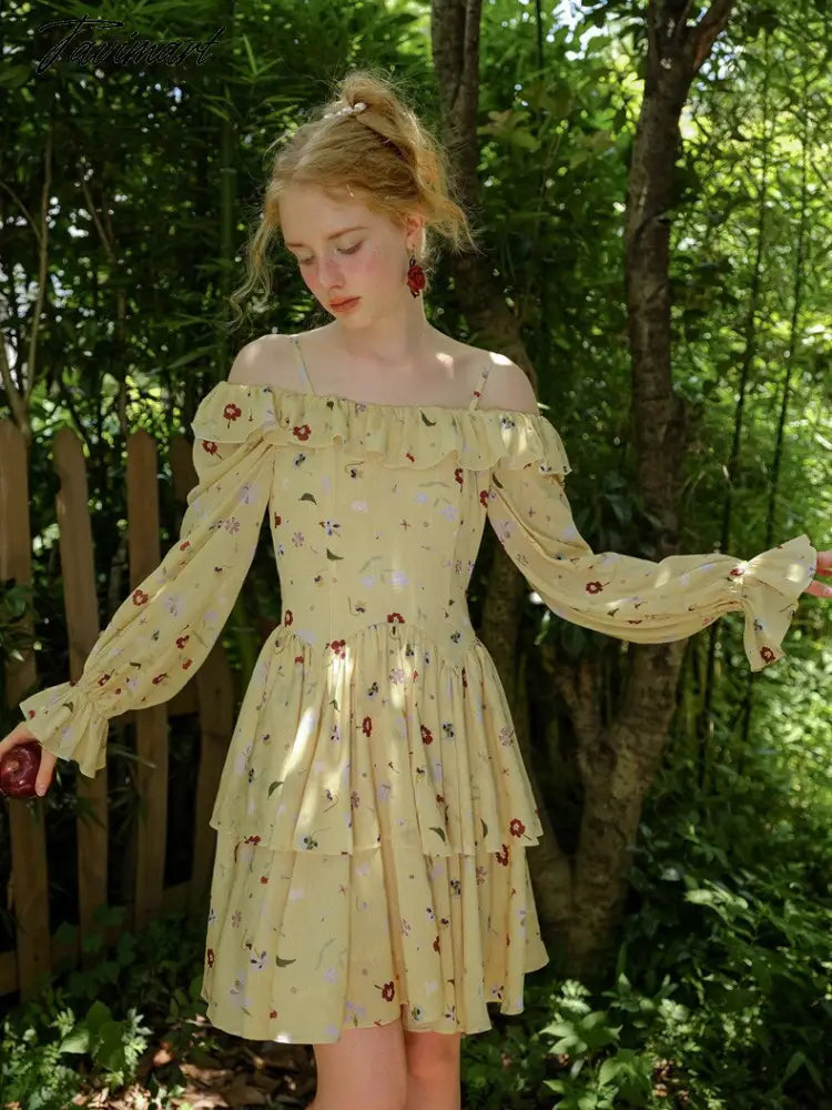 Spring Dress Women Elegant Slim Sexy Slash Neck Long Sleeve Floral Dress Korean Fashion Yellow Suspended Cake Dress