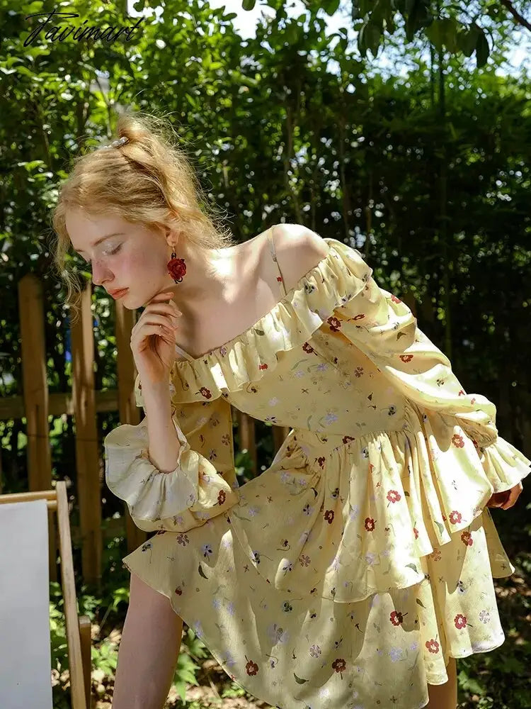 Spring Dress Women Elegant Slim Sexy Slash Neck Long Sleeve Floral Dress Korean Fashion Yellow Suspended Cake Dress