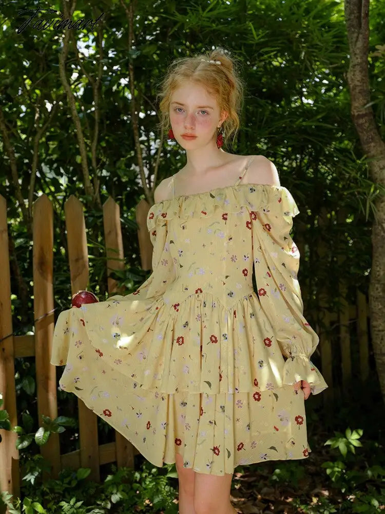 Spring Dress Women Elegant Slim Sexy Slash Neck Long Sleeve Floral Dress Korean Fashion Yellow Suspended Cake Dress