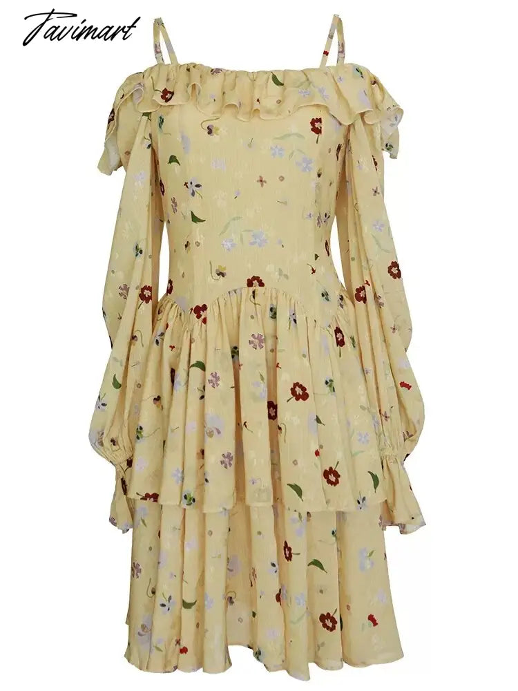 Spring Dress Women Elegant Slim Sexy Slash Neck Long Sleeve Floral Dress Korean Fashion Yellow Suspended Cake Dress