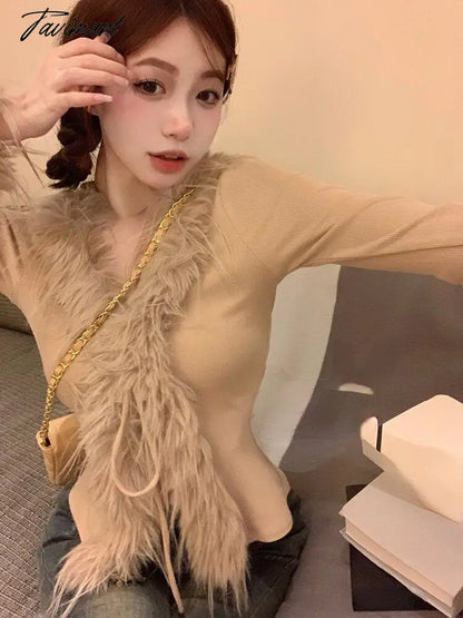 Spring Faux Fur Knitted Cardigan Women Slim Sexy Y2k Crop Tops Female Sweet Elegant Sweater Korean Fashion Clothing Blouse