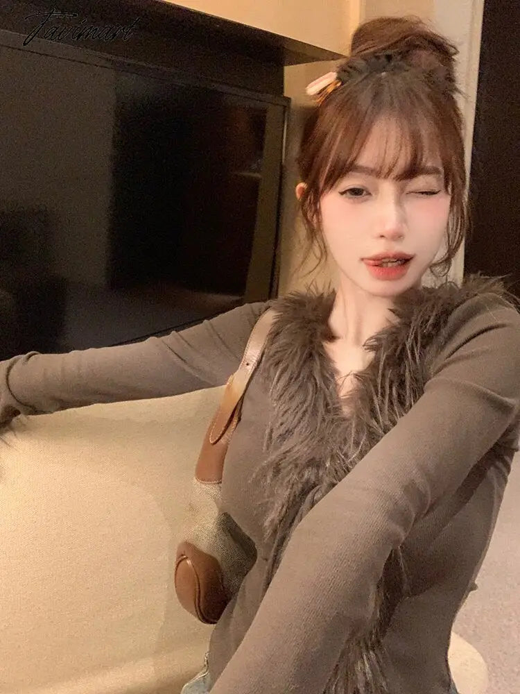 Spring Faux Fur Knitted Cardigan Women Slim Sexy Y2k Crop Tops Female Sweet Elegant Sweater Korean Fashion Clothing Blouse