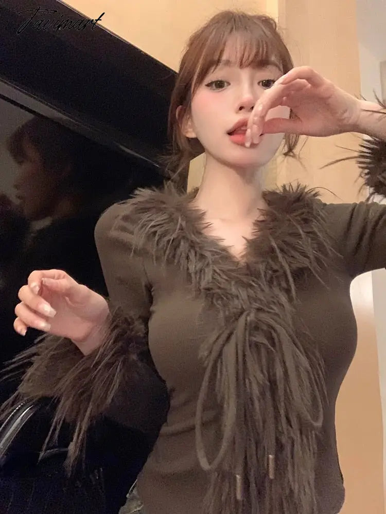 Spring Faux Fur Knitted Cardigan Women Slim Sexy Y2k Crop Tops Female Sweet Elegant Sweater Korean Fashion Clothing Blouse