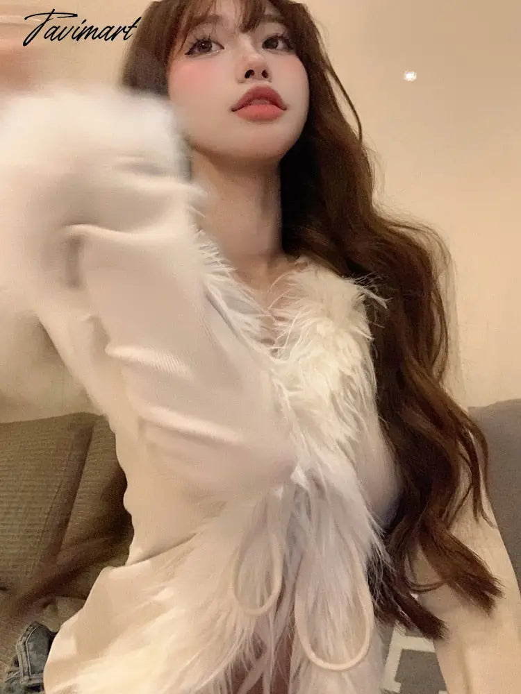 Spring Faux Fur Knitted Cardigan Women Slim Sexy Y2k Crop Tops Female Sweet Elegant Sweater Korean Fashion Clothing Blouse