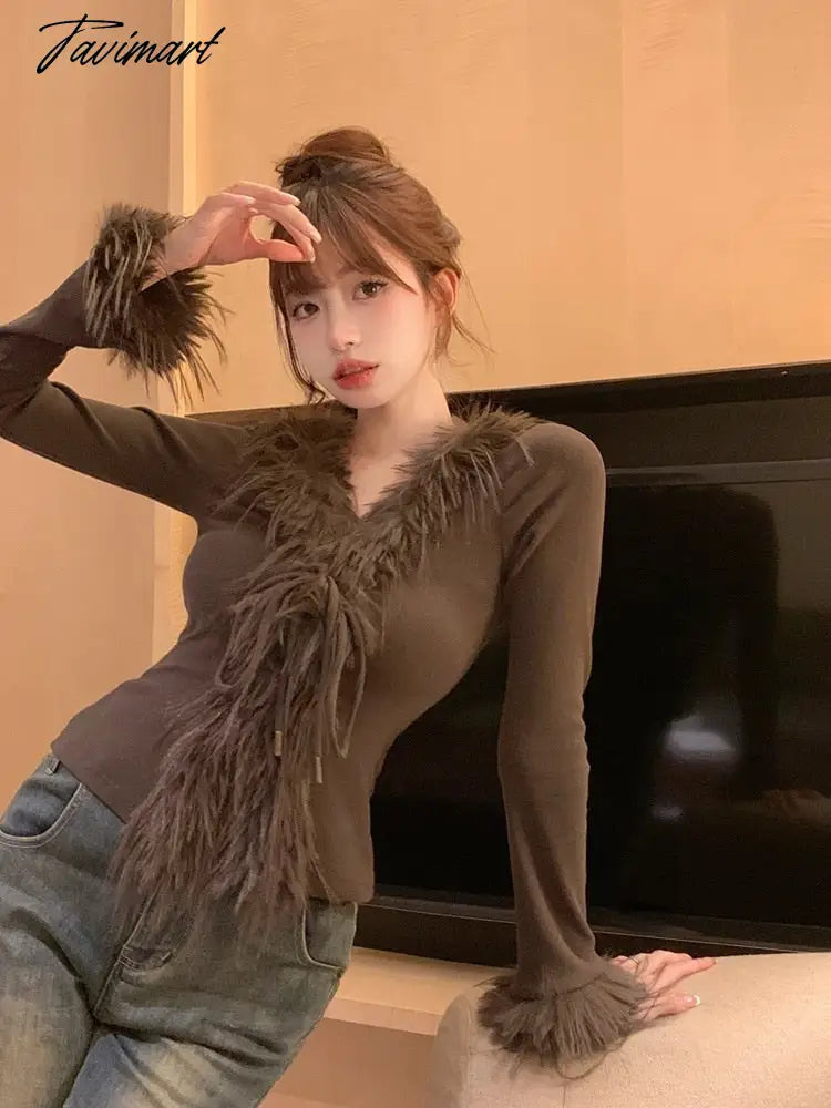 Spring Faux Fur Knitted Cardigan Women Slim Sexy Y2k Crop Tops Female Sweet Elegant Sweater Korean Fashion Clothing Blouse