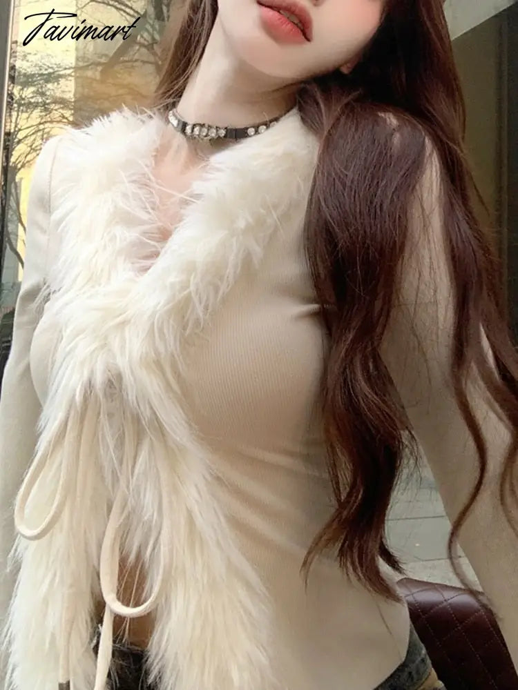 Spring Faux Fur Knitted Cardigan Women Slim Sexy Y2k Crop Tops Female Sweet Elegant Sweater Korean Fashion Clothing Blouse