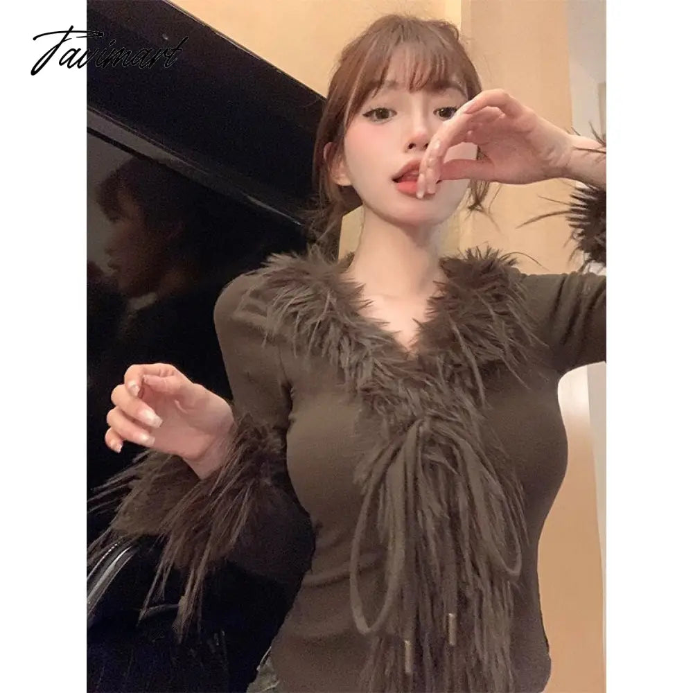 Spring Faux Fur Knitted Cardigan Women Slim Sexy Y2k Crop Tops Female Sweet Elegant Sweater Korean Fashion Clothing Blouse