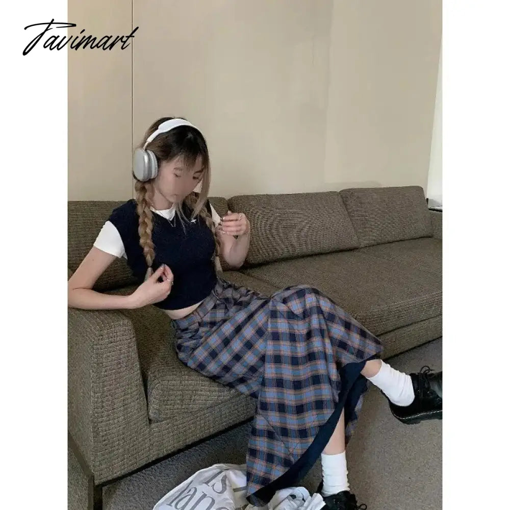 Spring Knitted Tassel A-Line Long Skirts Women Printing Plaid Skirt Female Autumn High Waist Warm Skirt Elegant Office Lady Saia