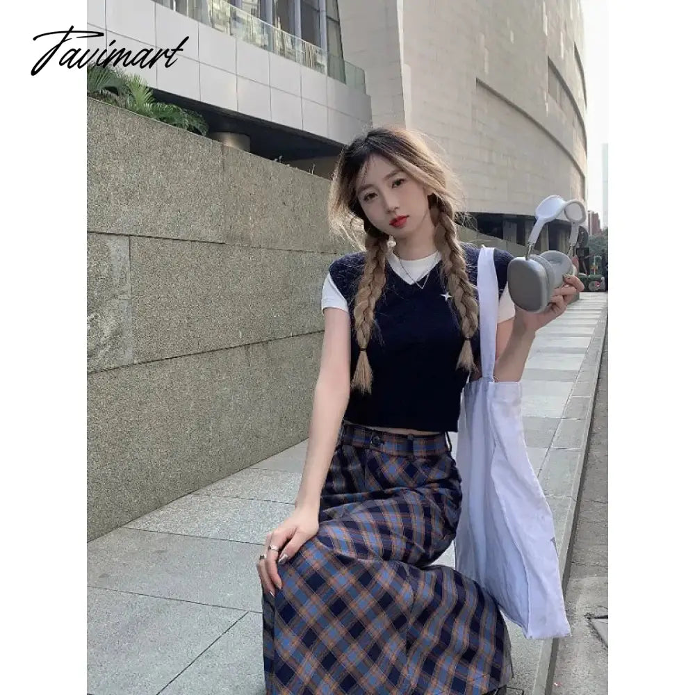 Spring Knitted Tassel A-Line Long Skirts Women Printing Plaid Skirt Female Autumn High Waist Warm Skirt Elegant Office Lady Saia