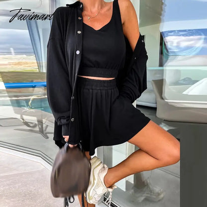 Spring Loose Women Shorts Suit Female Solid Coat + Vest +Pocket Shorts Outfits New Casual Streetwear Sweatshirt Three-Piece Set