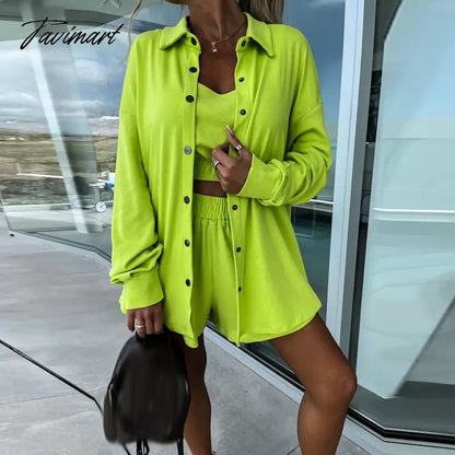 Spring Loose Women Shorts Suit Female Solid Coat + Vest +Pocket Shorts Outfits New Casual Streetwear Sweatshirt Three-Piece Set