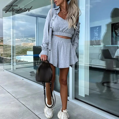 Spring Loose Women Shorts Suit Female Solid Coat + Vest +Pocket Shorts Outfits New Casual Streetwear Sweatshirt Three-Piece Set