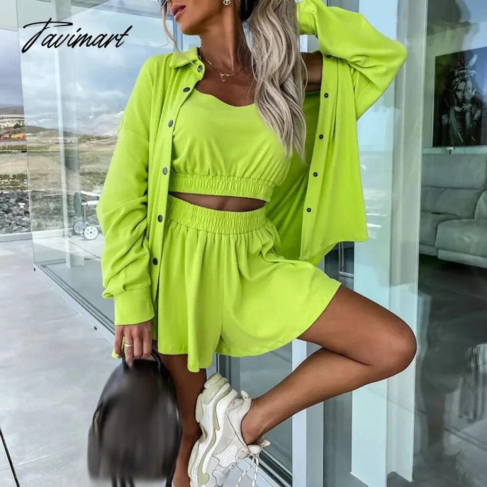 Spring Loose Women Shorts Suit Female Solid Coat + Vest +Pocket Shorts Outfits New Casual Streetwear Sweatshirt Three-Piece Set