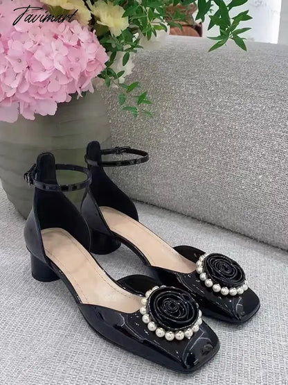 Spring New Retro Mary Jane Shoes Women's Small Fragrant Wind Flower Pearl Thick Heel Square Head High Heel Single Shoes