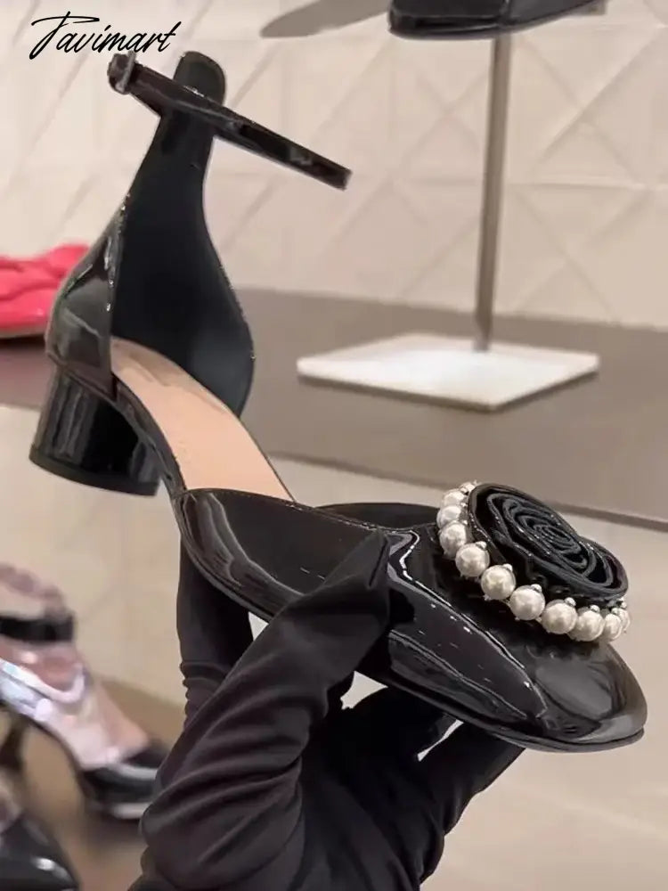 Spring New Retro Mary Jane Shoes Women's Small Fragrant Wind Flower Pearl Thick Heel Square Head High Heel Single Shoes