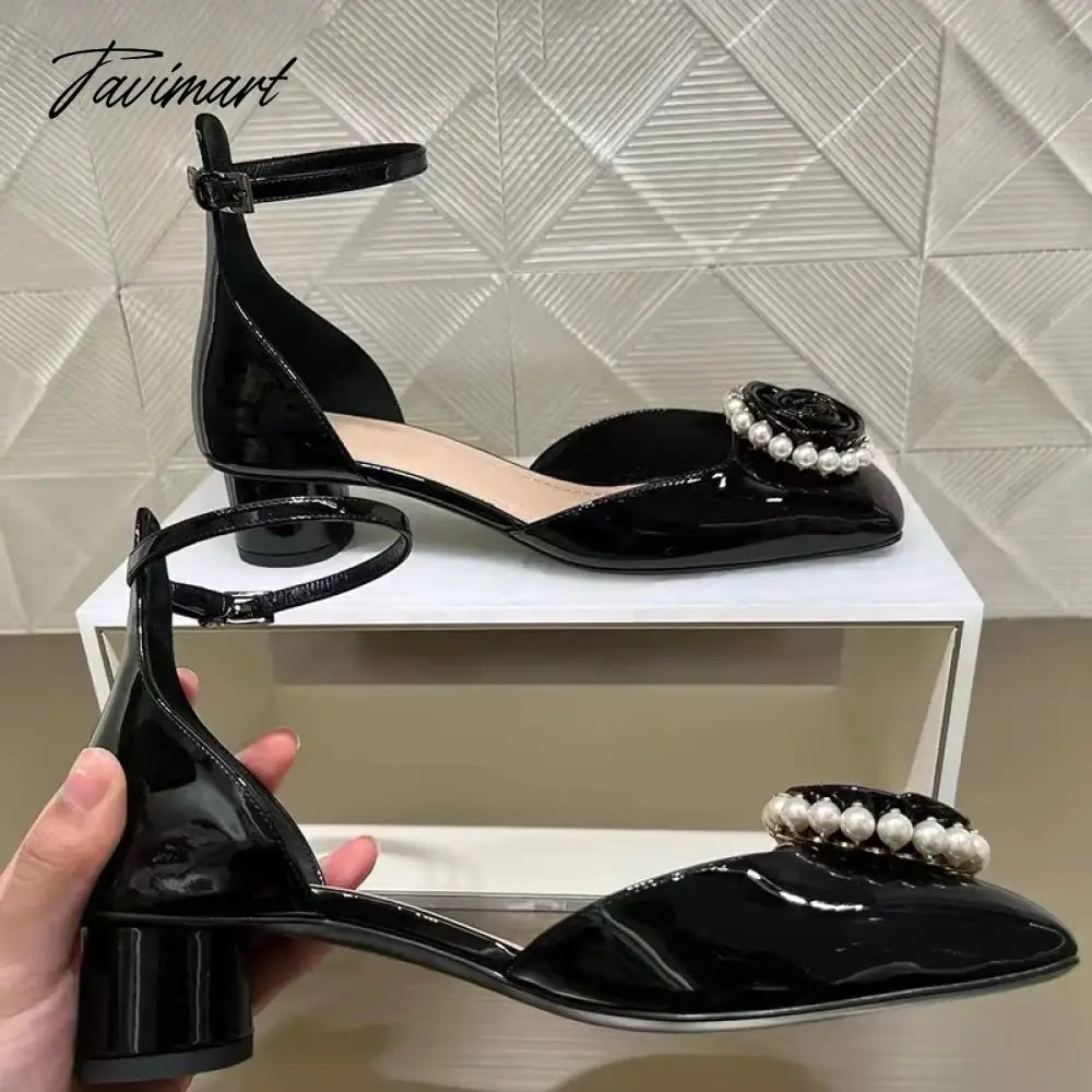 Spring New Retro Mary Jane Shoes Women's Small Fragrant Wind Flower Pearl Thick Heel Square Head High Heel Single Shoes