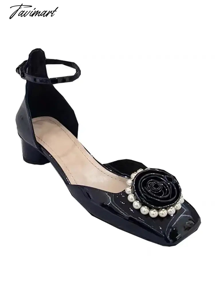 Spring New Retro Mary Jane Shoes Women's Small Fragrant Wind Flower Pearl Thick Heel Square Head High Heel Single Shoes