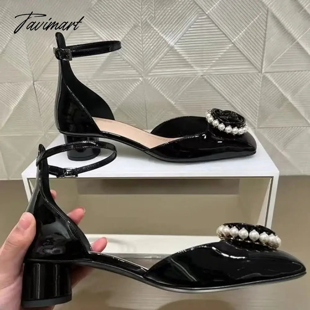 Spring New Retro Mary Jane Shoes Women's Small Fragrant Wind Flower Pearl Thick Heel Square Head High Heel Single Shoes