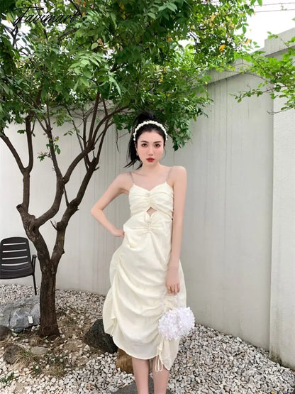 Spring New Style American Style Temperament Versatile Suspender Dress Spice Girl Sense of Design Solid Color Long Skirt