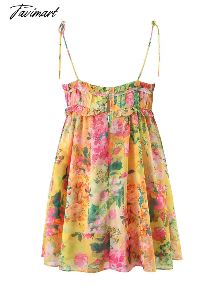 Spring Summer New Fungus Lace Short Strap Dress Woman Sexy Sweet Backless Printed Tie Mini Dress Female